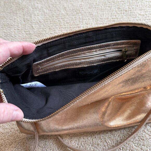 Topshop Gold Leather Bag Crossbody Tassel Zipper Removal Strap Boho Going Out - Picture 7 of 12